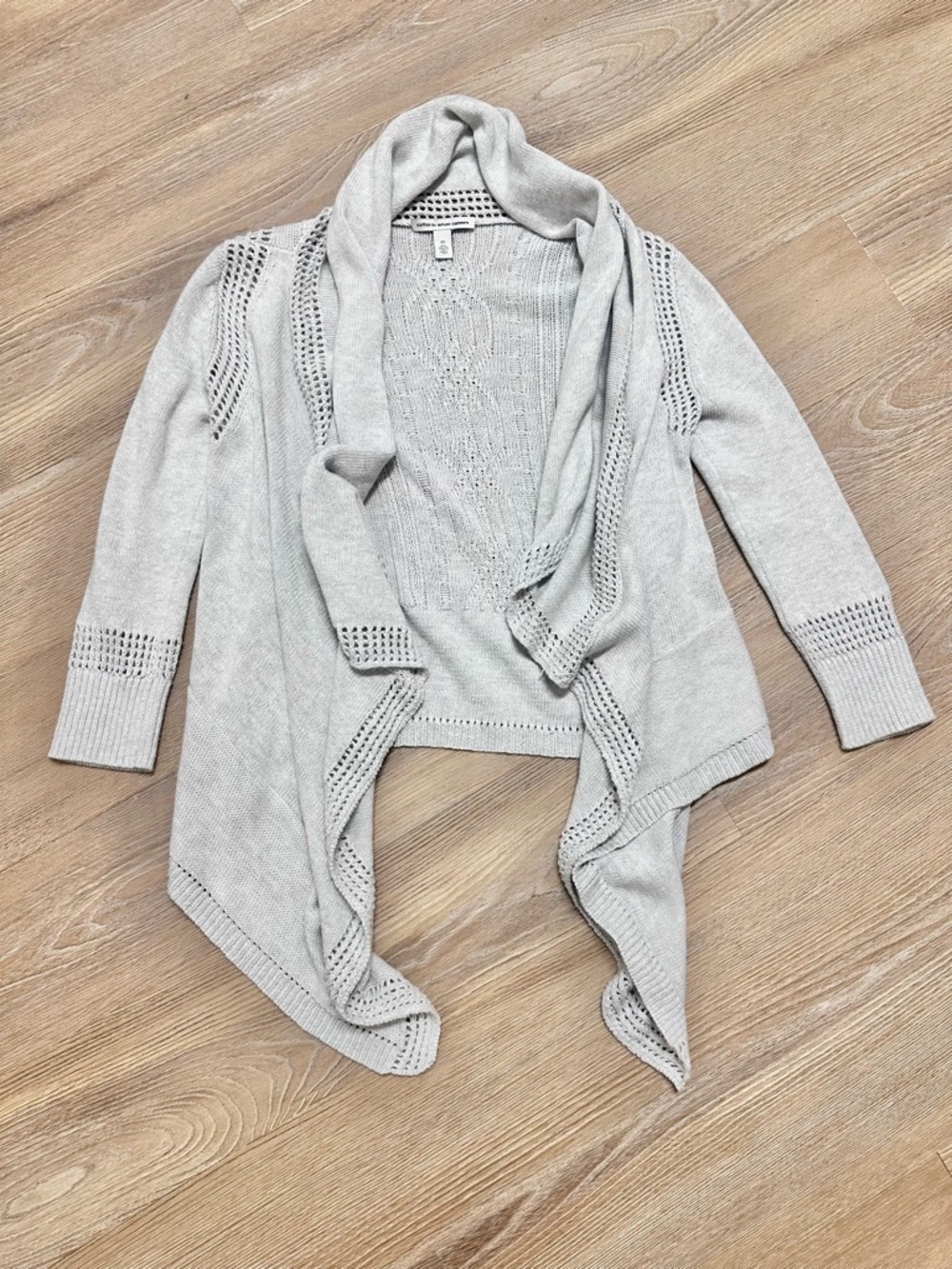 Cotton by autumn cashmere draped open cardigan grey crochet eyelit XS
